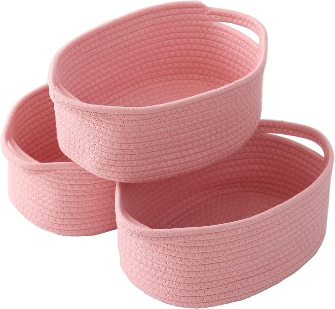 JMvicyroam Woven Basket,Small Rope Storage Bin with Handles & Ribbon Bag, Organizer for Shelves Closets,Gift Basket Empty for Birthday,Books,Dog Toys, Pink/3 Pack by JMvicyroam