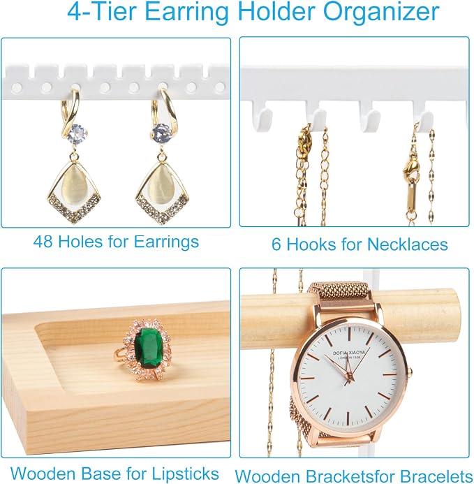 Jewelry Organizer Stand, Jewelry Holder, Lengnoy 4 Tier Earring Holder with 48 Holes and 6 Hooks Necklace Organizer Wood Box for Necklace Bracelet Earring Ring, White - Image 5