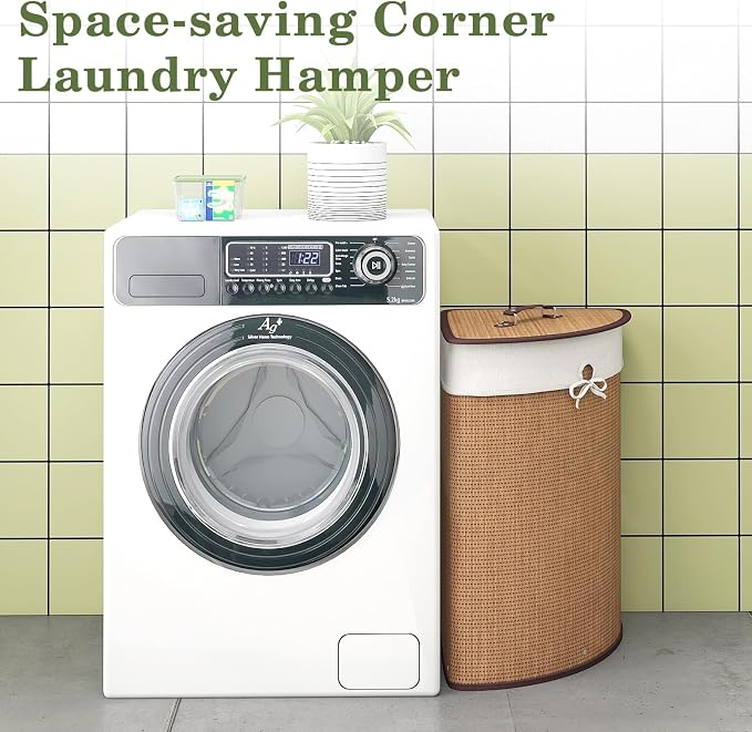 GOFLAME Corner Bamboo Laundry Hamper with Lid and Removable Liner, Washing Clothes Basket Storage Bin with Handle, Suitable for Bedroom, Bathroom, Laundry, Bamboo - Image 2