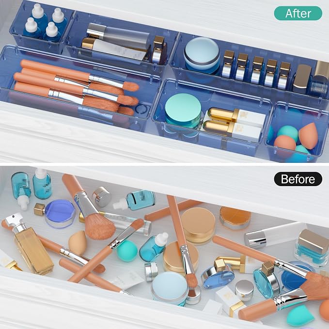 WOWBOX 9 Pack Clear Drawer Organizer Set, Acrylic Drawer Storage Trays, Storage Bins for Makeup, Cosmetics, Jewelries, Utensils, Gadgets, Office, Dark Blue - Image 4