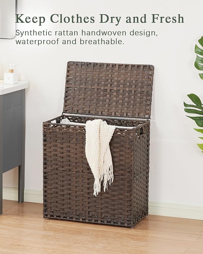 SETVSON Laundry Hamper with Lid Wicker Laundry Basket 112 L (29.6 Gal) Laundry Hampers Handwoven Rattan Laundry Hamper with Handles 3 Removable Washing Bag, 6 Mesh Bags for Bathroom Bedroom Brown - Image 2