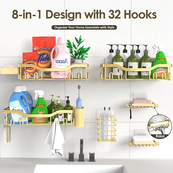 NESOMI Shower Caddy Adhesive Shower Organizer 8-Pack, Rustproof Stainless Steel Bathroom Shelves, Large Capacity No-Drill Rack Storage Accessories with Soap Dish Toothbrush Holder Hooks - Image 7
