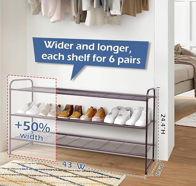 KEETDY Long 3 Tier Shoe Rack for Closet Wide Shoe Storage Organizer Stackable Metal Shoe Shelf for 24 Pairs Men Sneakers with Wire Grid for Closet Floor, Bedroom, Entryway, Bronze - Image 2