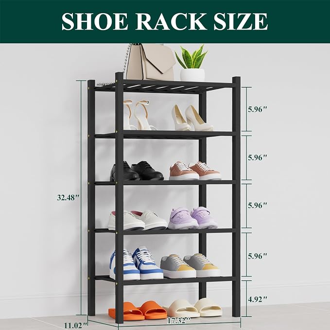 Smiry Shoe Rack, 5 Tier Thick Small Bamboo Shoe Organizer, Stackable Free Standing Wooden Shoe Storage Shelf for Closet, Entryway, Front Door Entrance, Black - Image 2