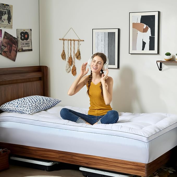 Twin XL Size Dual Layer 4 Inch Memory Foam Mattress Topper, 2 Inch Fluffy Soft Pillow Top Mattress Pad Cover and 2 Inch Gel Memory Foam for Back Pain Relief, Breathable, Cooling