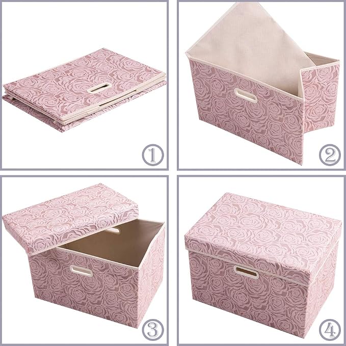 PRANDOM Collapsible Storage Boxes with Lids [5-Pack] Fabric Decorative Storage Bins Cubes Organizer Containers Baskets with Cover Handles Divider for Bedroom Closet Living Room Pink 14.9x9.8x9.8 Inch - Image 4