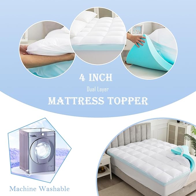 WhatsBedding Twin Size Dual Layer 4 Inch Memory Foam Mattress Topper,2 Inch Gel Memory Foam and 2 Inch Pillow Top Mattress Pad Cover2