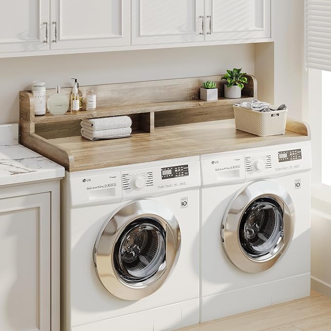 2-Tier Washer Dryer Countertop with 2.75" H Edge Rails, 58" W x 28" D Laundry Countertop for Folding Clothes, Washer and Dryer Topper with Non-Slip Pad (White Oak) - Image 6