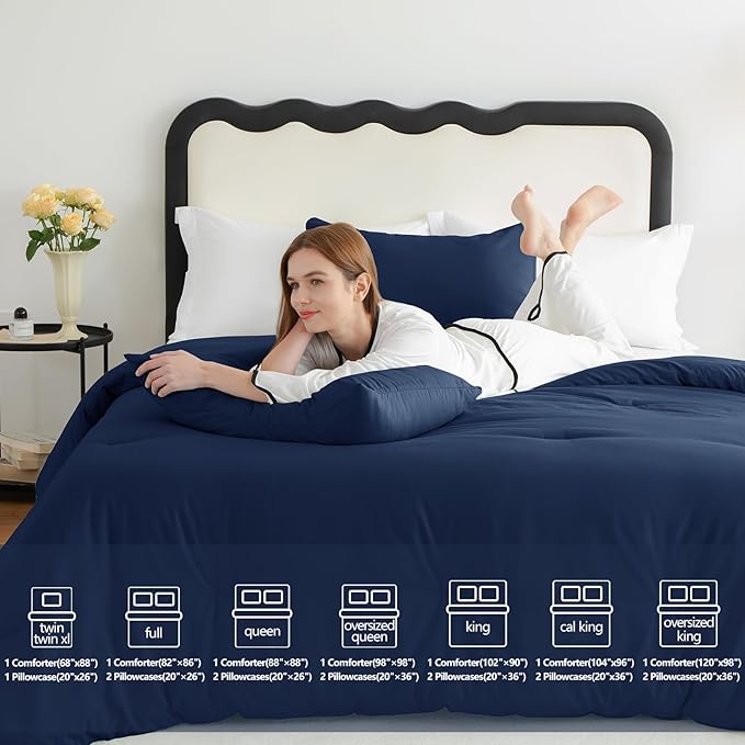 CozyLux California King Comforter Set Navy Blue, 3 Pieces Cal King Solid Breathable Quilted Bedding Sets All Seasons, Luxury Soft Lightweight Bed Set with Down Alternative Comforter and 2 Pillowcases