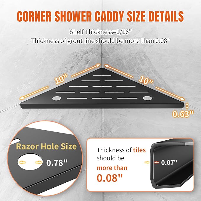 Corner Shower Shelves with Razor Hole, Modern Sturdy Shower Caddy, 10" 304 Stainless Steel Shower Organizers Bathroom Shelf for Tile Wall, No Drilling Grout Mount Shelf for Shower,Bathroom Accessories - Image 2