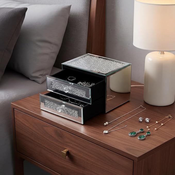 Kenning Silver Jewelry Box 2 Layer Glass Box for Women Mother's Day Crystal Jewelry Organizer Storage Luxury Necklaces Earrings Rings Bracelets Organizer for Mom Gift Decoration - Image 7