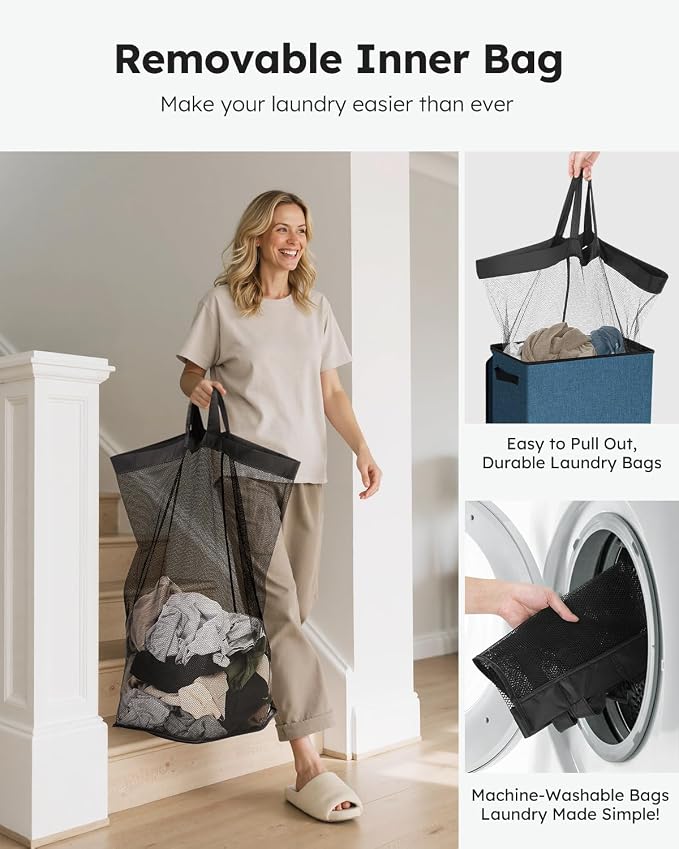 SOLEDI Laundry Hamper with Lid 100L Large & Tall Collapsible Laundry Baskets, Clothes Hamper with Bag Removable Easy to Carry, Dirty Hampers for Bedroom, Bathroom, Dorm, College, Blue - Image 4