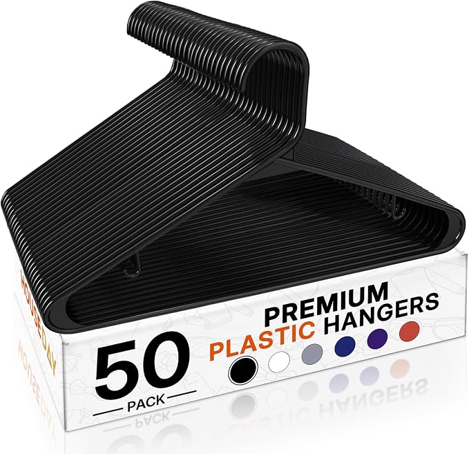 HOUSE DAY Black Plastic Hangers 50 Pack, Plastic Clothes Hangers with Built-in Hooks, Durable and Strong Plastic Coat Hangers for Closet, Space Saving Clothing Hanger for Shirts, Coats, Skirt, Dress by HOUSEDAY