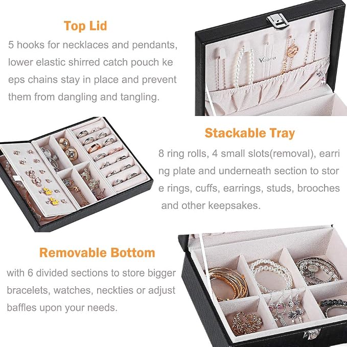 Voova Jewelry Box Organizer for Women Girls, 2 Layer Large Men Jewelry Storage Case, PU Leather Display Jewellery Holder with Removable Tray for Necklace Earrings Rings Bracelets, Vintage Gift, Black - Image 2
