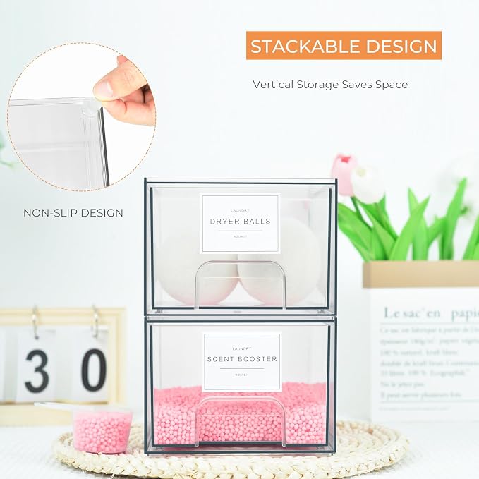 2 Pack Laundry Room Organization Storage Drawers with Labels, Clear Stackable Dryer Sheet Holder and Pod Containers, Detergent Dispenser for Laundry Room Organizing and Decor - Image 4