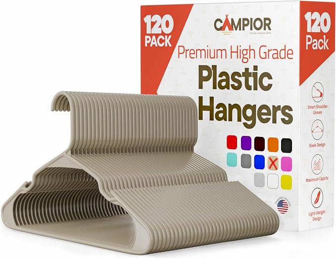 Plastic Clothes Hangers – Heavy Duty Hanger Set, for Organizing Clothes, Dresses, and Coat, Holds Up to 5 lbs, Space-Saving Hangers with Non-Slip Shoulder Grooves, Pack of 120, Ivory by Campior
