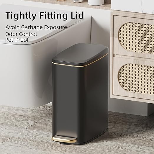 KUK Slim Bathroom Trash Can with Lid, 1.6 Gal / 6L Stainless Steel Small Garbage Bin with Detachable Inner Bucket, Step Pedal, Silent Close, Wastebasket for Toilet, Bedroom, Home, Office (Black) - Image 2