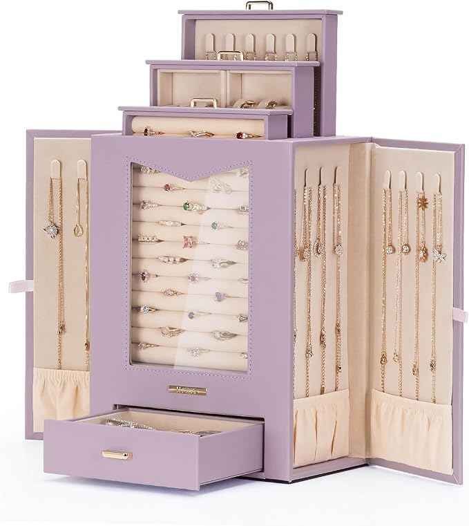 Homde Jewelry Organizer with Transparent Window Necklace Hooks Gift for Women Jewelry Box Display Case for Necklaces Rings Earrings Bracelets and Other Accessories (Grey Purple) by Homde
