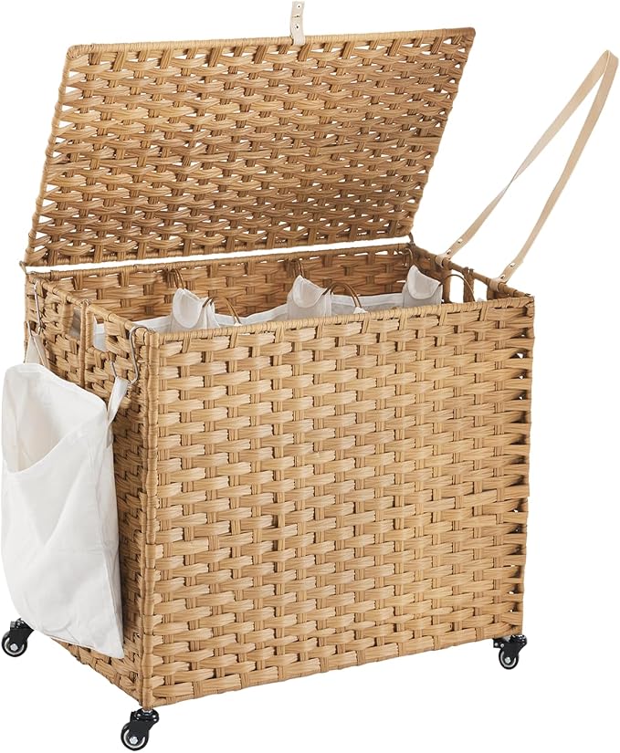 Laundry Hamper with Wheels, 34.3 Gallon(130L) Rolling Laundry Basket with Lid, 3-Section Rattan Clothes Hamper with 3 Removable Liner & 3 Mesh Bags, Laundry Sorter with Side Pocket, Natural by Hiagnete