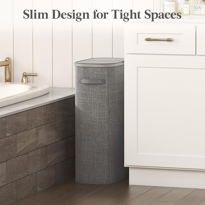 Lifewit Slim Laundry Basket with Lid, Narrow Large Laundry Hamper with Plastic Handles and Removable Bag, Tall Foldable Dirty Clothes Hampers for Laundry Room, Bedroom, Bathroom, Dorm, 65L Gray - Image 2