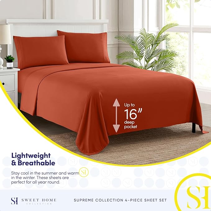 King Size Sheets - Breathable Luxury Bed Sheets with Full Elastic & Secure Corner Straps Built In - 1800 Supreme Collection Extra Soft Deep Pocket Bedding Set, Sheet Set, King, Rust