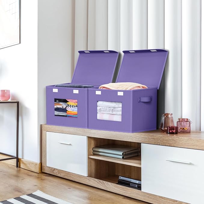 Univivi Storage Bins with Lids [4-Pack] Fabric Lidded Storage Baskets Stackable Closet Storage Bins, Closet Organizers and Storage with Lid & Clear Window for Home, Office, Bedroom (Purple) - Image 4