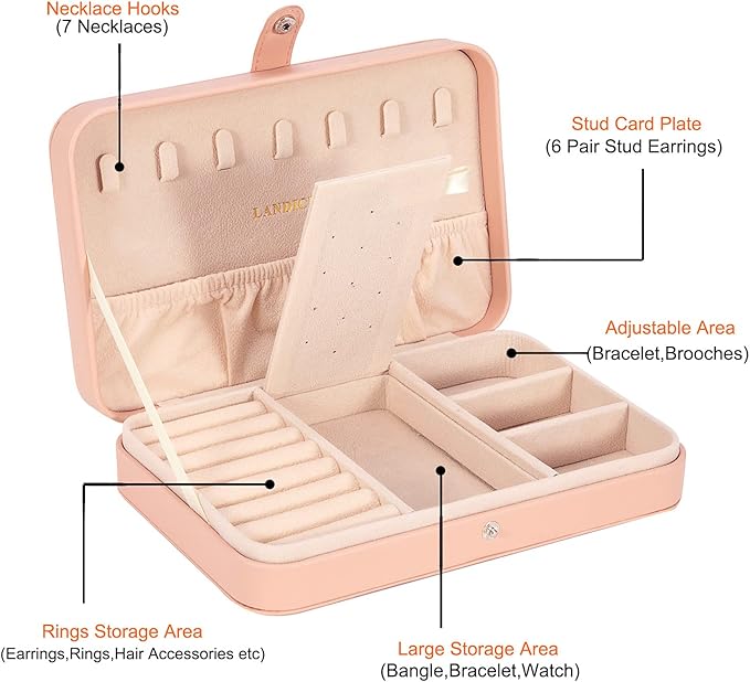LANDICI Small Jewelry Box for Women Girls, PU Leather Travel Jewelry Case, Portable Jewelry Organizer Storage Holder Display for Ring Earrings Necklace Bracelet Bangle Men Kids Gift, Pink - Image 3