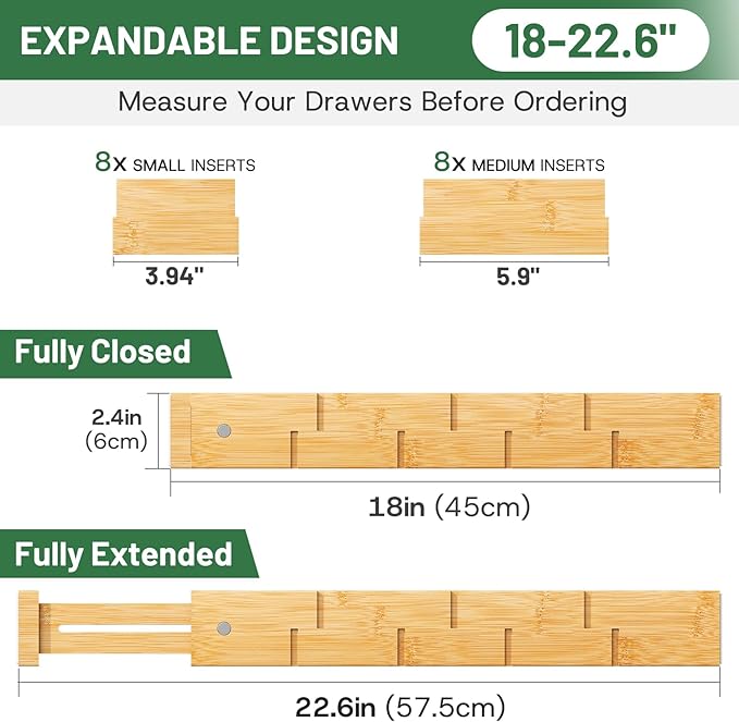 kiplant Bamboo Drawer Dividers - Adjustable Drawer Dividers for Clothes, Kitchen, Closet & Office - 8 Pack with Inserts, 18-22.6 Inches, Non-Slip Silicone Ends - Image 2