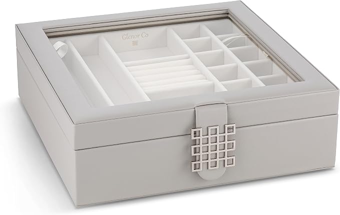 Glenor Co 28 Section Jewelry Box - 2 Layer - Buckle Snap & Magnet Closure - Large Glass Top - Leather Design - Grey - Jewelry Organizer for Women & Girls - for Earring Ring Necklace & Bracelet - Image 3