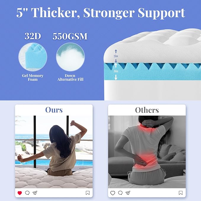 OhGeni Cooling 5 Inch Twin XL Dual Layer Mattress Topper, 3 Inch Egg Crate Gel Memory Foam, 2 Inch Pillow Top Pad, College Dorm Essentials Bedroom Mattresses Cover, Sleep Comfort and Back Pain Relief