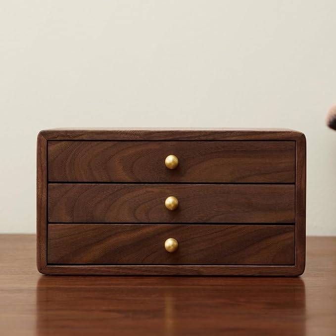 Wooden Jewelry Box for Women & Men, Large Velvet Lined Organizer with 3 Drawers, Solid Black Walnut Wood & Brass Handles, Earring Ring Necklace Storage Box - Image 9