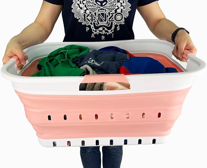 SAMMART 42L (11 gallon) Collapsible Plastic Laundry Basket - Foldable Pop Up Storage Container/Organizer - Space Saving Hamper/Basket (1, White/Quartz Pink) - Image 8