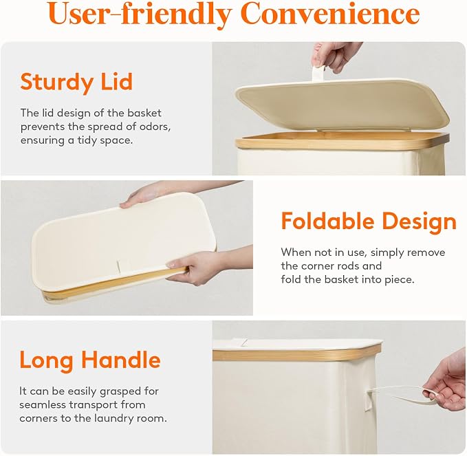 Lifewit 65L Slim Laundry Hamper with Lid, Narrow Laundry Basket with Removable Bag & Bamboo Handles, Fodable Thin Dirty Clothes Hamper for Laundry Collapsible Bin for Bathroom Bedroom Dorm, White - Image 5
