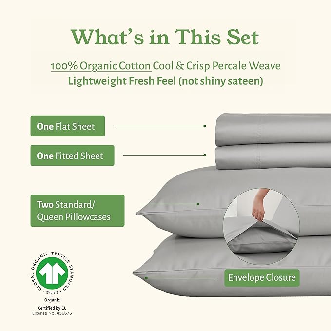 California Design Den Queen Bed Sheets - Soft 100% Organic Cotton Sheets with Deep Pockets, Crisp Percale, Breathable and Durable Bedding Set - Light Grey