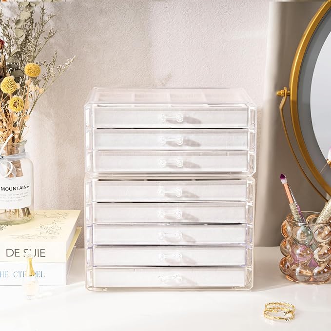 ProCase Earring Holder Organizer Jewelry Box with 8 Drawers, Acrylic Clear Earring Case with Adjustable Velvet Trays for Women - Warmwhite,8 Layers - Image 6