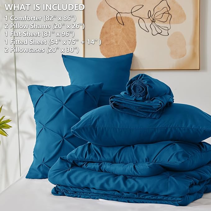 CozyLux Full Size Comforter Sets Teal, 7 Pieces Pintuck Bed in A Bag Teal Comforter Full Size, Pinch Pleat Bedding Sets with All Season Comforter, Sheets, Pillowcases & Shams