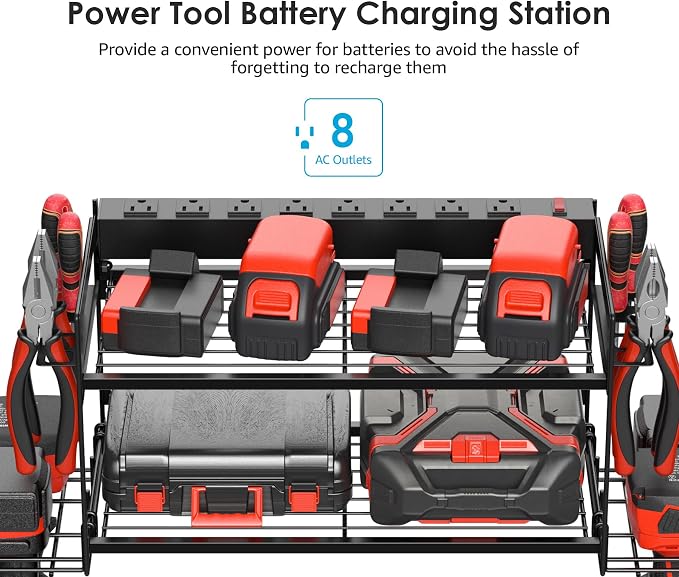 CCCEI Garage Tools Storage with Charging Station. Power Tool Battery Organizer Utility Shelf with Power Strip. 4 Drills Holder Wall Mount Rack, Black. - Image 2