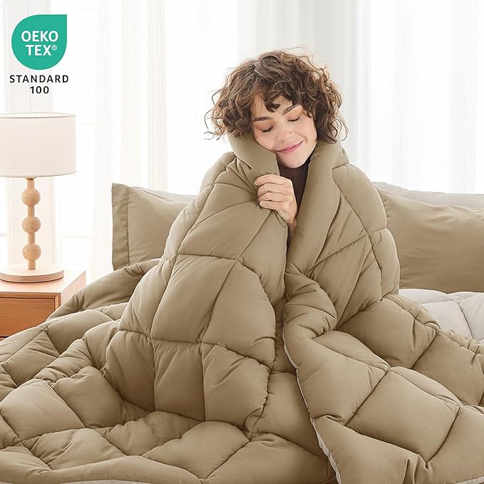 MUXHOMO 5 Pieces Twin XL Comforter Set, Reversible Bed in a Bag Twin XL Size, All Season Bedding Set with Comforter, Flat Sheet, Fitted Sheet, Pillowcases & Shams, Khaki & Linen