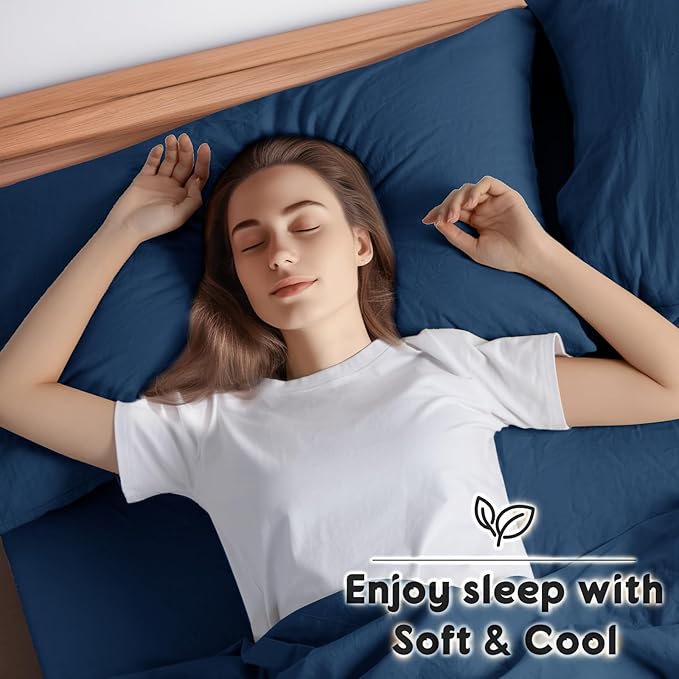 SONORO KATE 100% French Pure Linen Sheets, Breathable and Durable Linen King Size Sheets, Anti-Tear Linen Bed Sheets, Machine Washable, 16 Inch Deep Pocket - 4 Piece (Navy Blue, King)