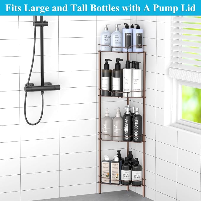 HuggieGems 4 Tier Floor Standing Corner Shower Caddy Organizer Shelf with Hooks, Bathroom Shelves Stand Rack, Coffee - Image 6