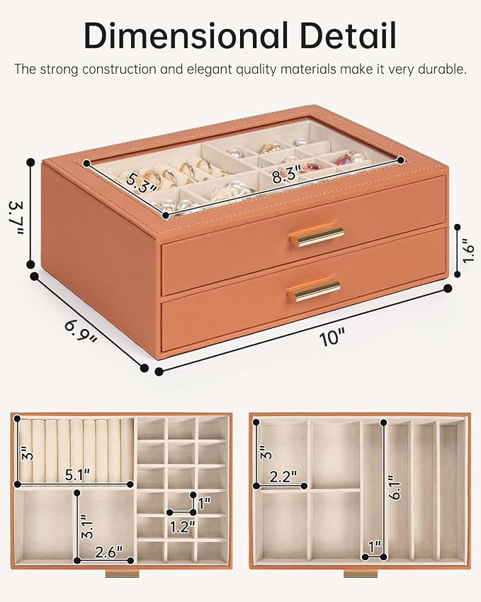 AKOZLIN Jewelry Box with Clear Lid Functional Leather Jewelry Storage Organizer Case 2 Drawers for Women Girls Necklace Ring Bracelet Earring - Image 4