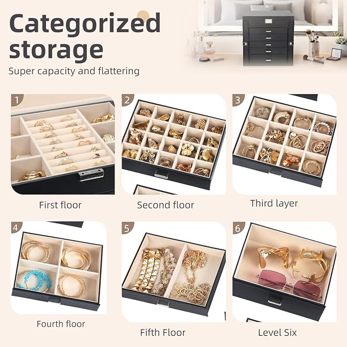 BOOVO Jewelry Box For women, 6 Layer Large Jewelry Organizer With Mirror, Multi-Function Storage Box With Lock, Necklace Holder With 5 Drawers, For Earrings Necklace Bracelet (Silver and Black) - Image 5