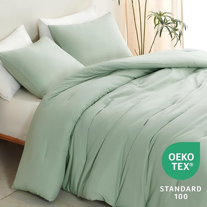 CozyLux King Size Comforter Set Sage Green, 3 Pieces Solid Comforters King Size Breathable Quilted Bedding Sets, Luxury Soft Lightweight Bed Set with Down Alternative Comforter and 2 Pillowcases
