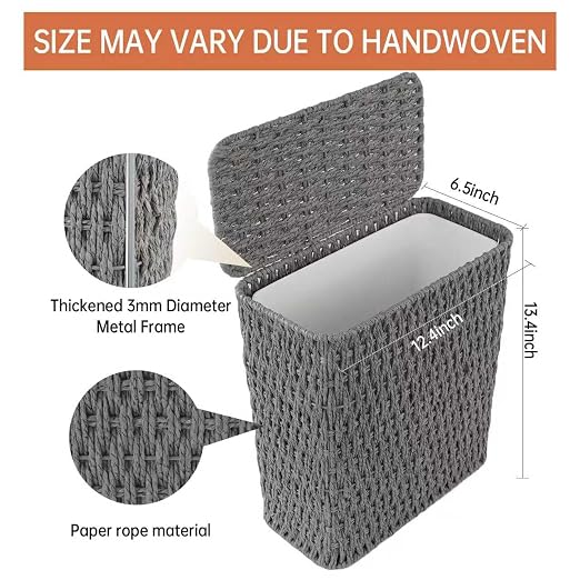 Coeusy 3 Gallon Paper Rope Bathroom Trash Can,Small Wicker Trash Cans with Lid and Liner,Woven Rattan Narrow Waste Basket for Bedroom,Office,Grey - Image 3