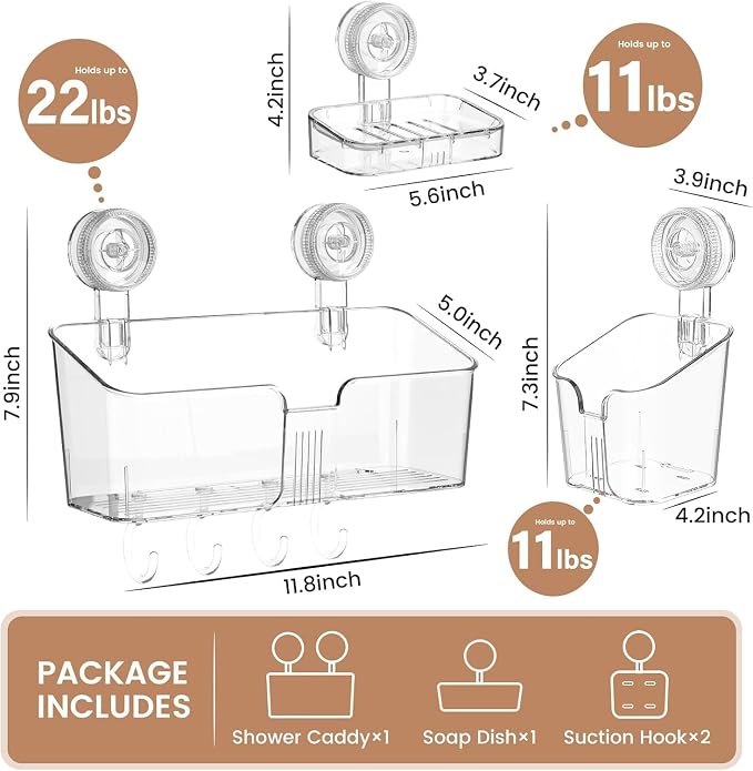 LUXEAR Suction Cup Shower Caddy Clear - Shower Caddy+Soap Dish+Toothbrush Holder - 1 Second Installation NO-Drilling Removable Powerful Waterproof Shower Organizer for inside Shower Bathroom - Image 2