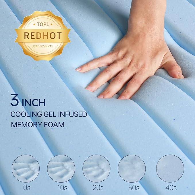 3 Inch Gel Memory Foam Mattress Topper Queen, Breathable Cooling Mattress Topper for Back Pain Relief, Washable Cooling Cover and High Density Memory Foam Included for Dorm, Bedroom