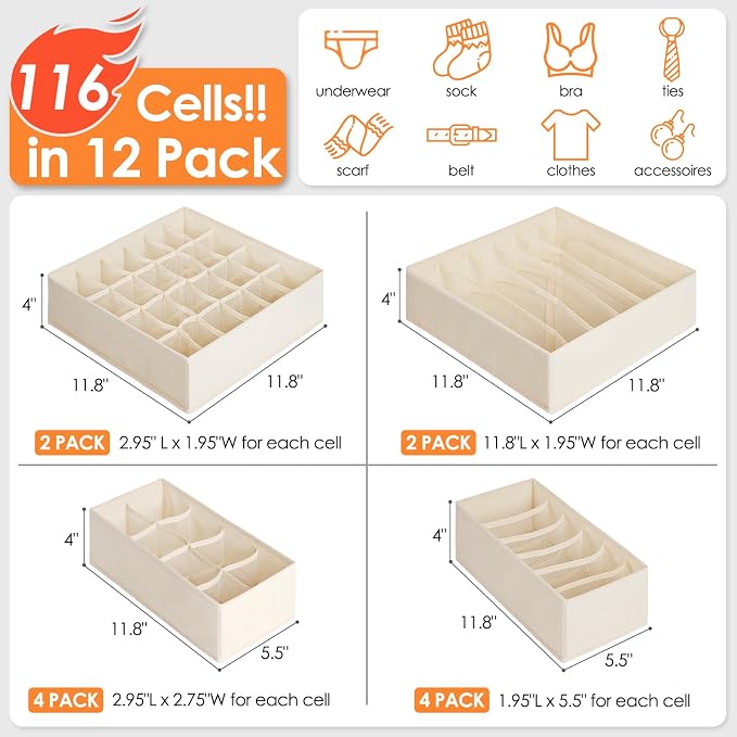 12 Pack Baby Clothes Organizer for Nursery, 116 Cells Fabric Foldable Dresser Closet Organizers and Storage Bins for Clothing, Women Men Underwear Socks, Bra, Ties, Scarf, Belt, Hair Accessories - Image 2
