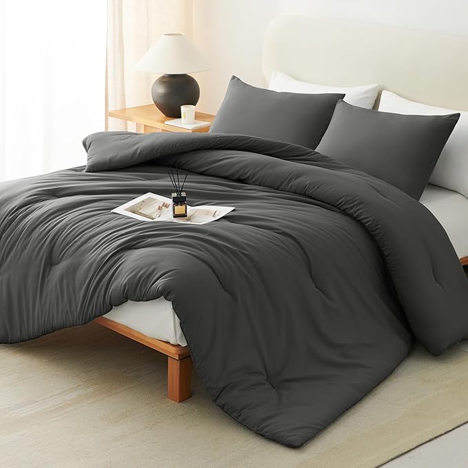 CozyLux Full Size Comforter Set Dark Grey, 3 Pieces Solid Breathable Quilted Bedding Sets, Dark Gray Luxury Lightweight Soft Bed Set with Down Alternative Comforter and 2 Pillowcases for All Seasons
