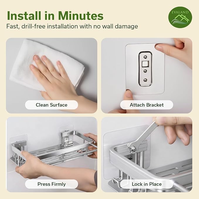 EVALAND Shower Caddy Adhesive 2-Pack with Hooks and Rod for Towels, Silver – Premium Bathroom Shower Shelves, Shampoo Organizer, Bathtub Shelf, Rustproof, Easy Installation, Sturdy Modern Look - Image 4