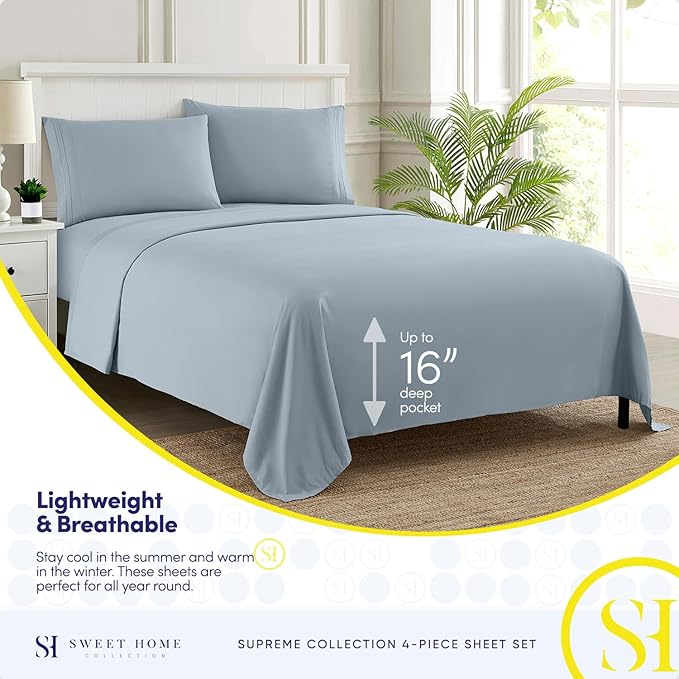 Twin Sheets - Breathable Luxury Sheets with Full Elastic & Secure Corner Straps Built In - 1800 Supreme Collection Extra Soft Deep Pocket Bedding Set, Sheet Set, Twin, Misty Blue